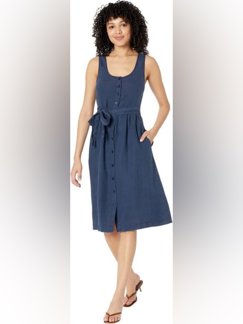 Michael Stars Lulu Button Down Linen Midi Dress Blue Sleeveless *NO BELT*